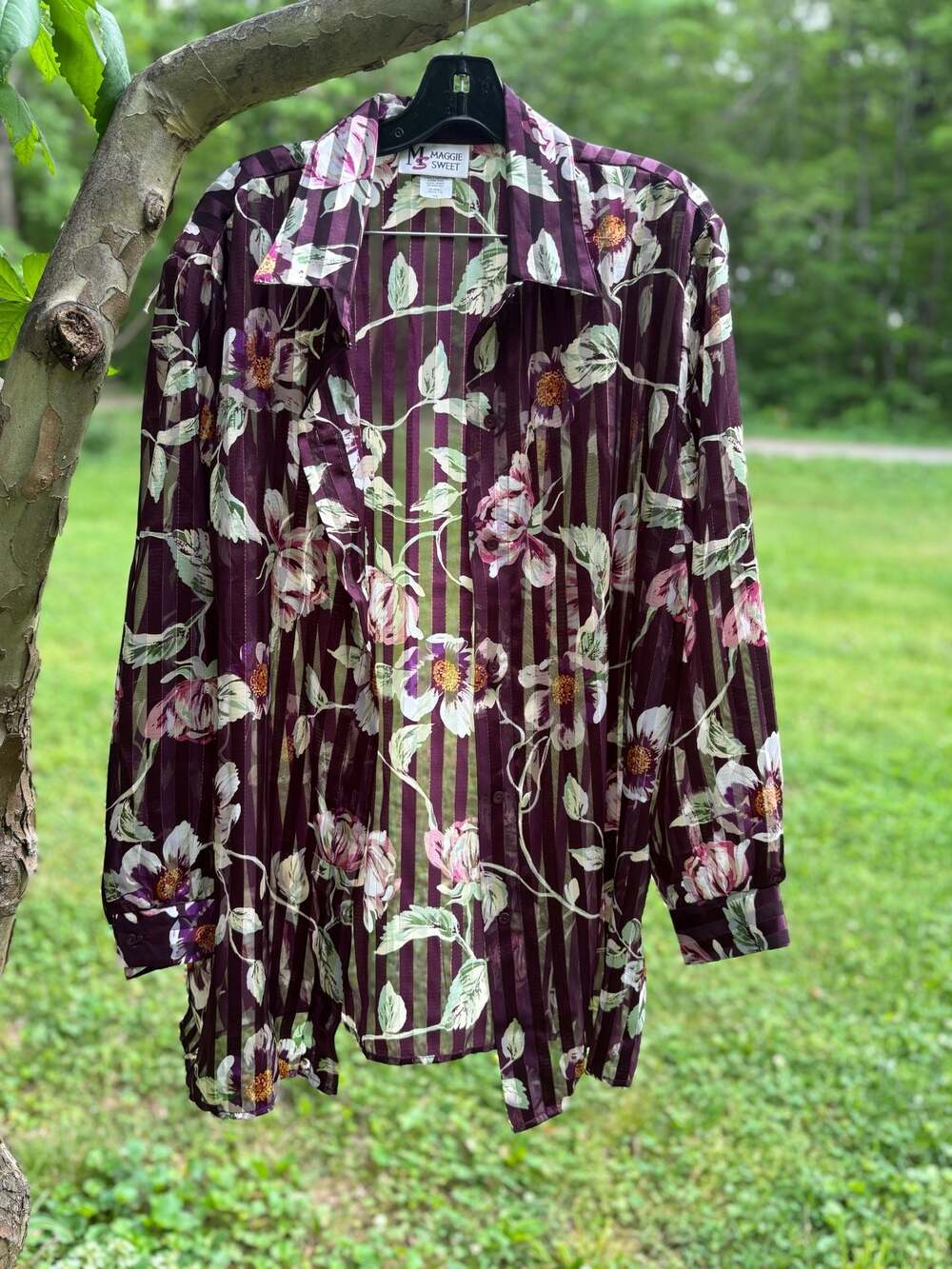 Vintage Floral Sheer Striped Button Down Blouse